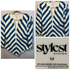 STYLEST DREAMSCULPT Striped Puff Sleeve Zip-Up One-Piece Swimsuit SZ M NWT